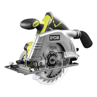En Ryobi One+ Circular Saw RCS18N-0 med silverblad, grön och svart kropp, sidohandtag och skyddsskydd som är vänd åt vänster.