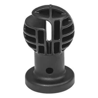 Svart plastsäkerhetsnätsknopp med cylindrisk bas, flera springor och en öppen springa upptill.
