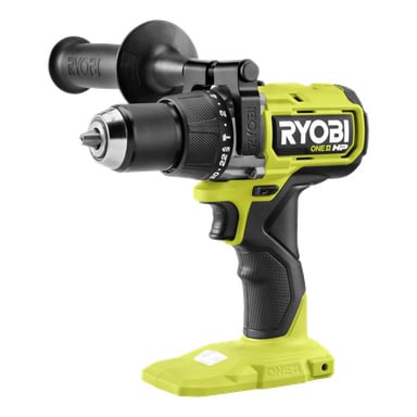 Ryobi One+ HP RPD18X1-0 perkusjonsskrutrekker med sidehåndtak, svart grep, limegrønn kropp og fet RYOBI-bokstav på siden.