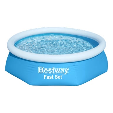 Et blått, rundt, oppblåsbart basseng med en hvit toppring, fylt med vann. "Bestway Pool Fast Set" står trykt på siden.