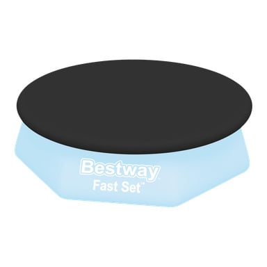 Ein hellblaues, aufblasbares Bestway-Becken mit einer schwarzen runden Abdeckung. "Fast Set" und das Markenlogo erscheinen in Weiß an der Seite.