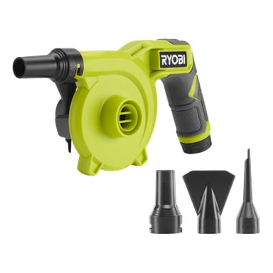 En knallgrønn Ryobi USB Lithium Batteridrevet luftpumpe RVI4-0 med svart håndtak og tre dysefester foran.