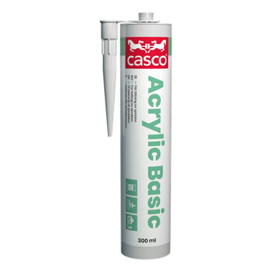 Ett 300 ml Casco Acrylic Basic tätningsrör med en vit och röd etikett och ett plastmunstycke till vänster.