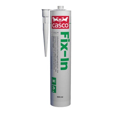 Ett 300 ml Casco Fix-In Assembly-limrör med vitt munstycke, grön och röd etikett samt produktdetaljer på framsidan.