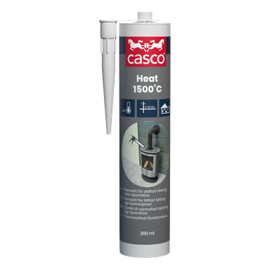 Ett 300 ml Casco Boiler Putty Heat 1500 °C tätningsrör med applikatormunstycke och etikett som visar en spisdiagram och produktinformation.