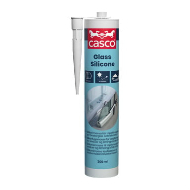 Ett 300 ml Casco Glass silikonrör med munstycke, etikett som visar produktinformation, ikoner och illustrationer av användning på fönster och akvarier.