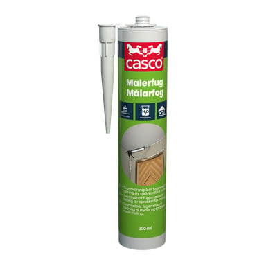 Ett 300 ml Casco Acrylic tätningsrör i Målarfog med munstycke, grön och vit design, logotyp, produktnamn och applikationsikoner.