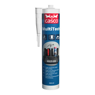 Ett 300 ml rör av Casco All-round tätningsmedel MultiTech White, med munstycke och en blå och vit etikett med olika multifunktionssymboler och text såsom "MultiTech" och "All-round sealant.".