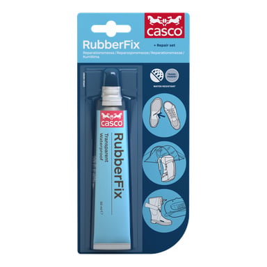 Ett 50 ml Casco RubberFix-rör i förpackningen visar illustrationer av skor, stövlar och paraplyer; Märkt transparent, vattenavvisande.