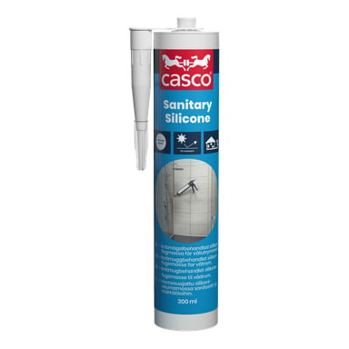 En 300 ml tub Casco Sanitary Silicone Black med munstycke, UV- och mögelresistent, visar en dusch på etiketten med produktinformation.