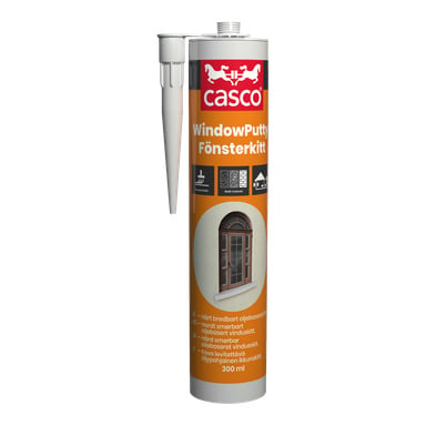 Ett 300 ml Casco WindowPutty-rör med munstycke, med en orange och vit etikett med en fönsterbild och produktdetaljer.