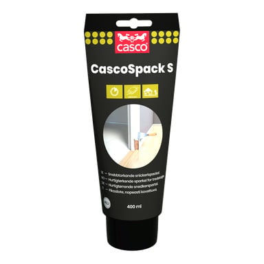 Ett 400 ml CascoSpack S träfyllnadsrör med svart kropp, rödvit Casco-logga och ikoner för snabbtorkning och träanvändning.