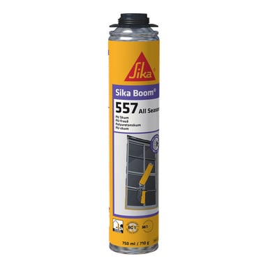 Hög gul Sika Boom 557 All Seasons skumbehållare, lila och vit etikett, fönsterramsillustration, 750 ml (710 g) storlek.