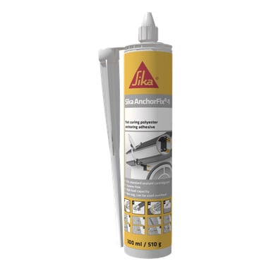 Ett 300 ml gult och grått Sika AnchorFix-1-rör med munstycke och blandningsstav, plus applikationsillustrationer för tätningspistoler.