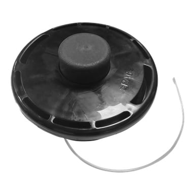 Strimmertrimmerhuvudet är ett svart plasttillbehör med rundad topp och en enda vit trimmerlinje som går ut på ena sidan.