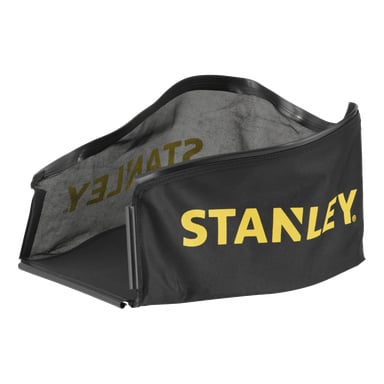 En svart tyggräsklippare med "STANLEY" i gult på sidan. Den tomma påsen håller sin form med en flexibel ram.