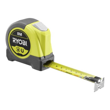 Ryobi RHMTM8-måttband i gult och grått, uppställt med sitt 8-metersband utdraget.