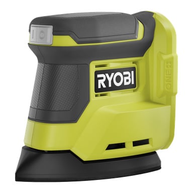 En kompakt Ryobi One+ Multi-sliper R18PSN-0 i svart og neongrønt, med teksturert håndtak og vinklet slipepute.