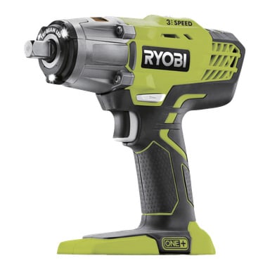 Ryobi One+ RIW183N-0 trådløs slagnøkkel i grønt og svart, teksturert håndtak, 3-trinns toppetikett, metallfront, LED-lys.