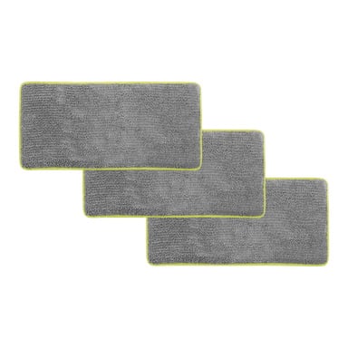 Tre rektangulære Ryobi USB Lithium Mopp-stoff RSM4A1-matter, grå med gulgrønn kant, overlapper i en 3-paknings forskjøvet skjerm.