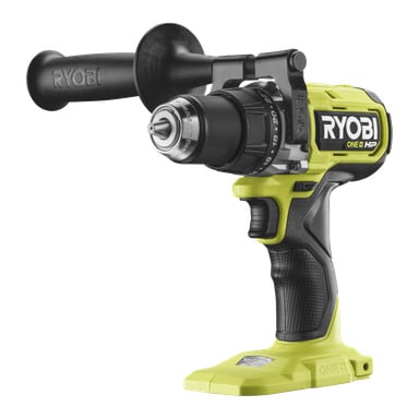 Ryobi One+ HP skrutrekker RDD18X1-0 med gul-svart kropp, svart sidehåndtak, nøkkelfri chuck, merket grep og batteribase.