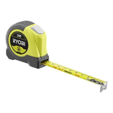 Ryobi RHMT3 måttband med svart och gult fodral och dess gula måttband utdraget.