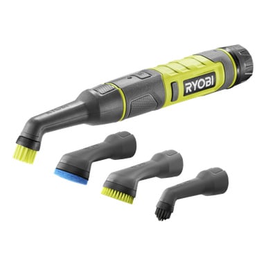 Ryobi USB Lithium Detail Cleaning Brush RDS4-0 med grön-svart handtag och tre olika fästen för borsthuvudet visas.