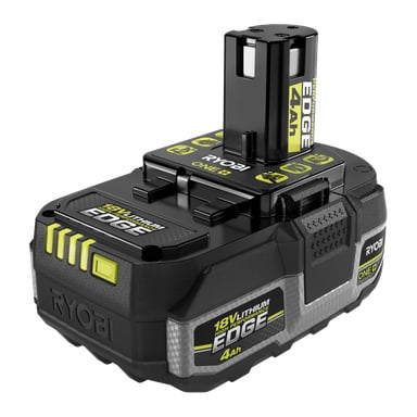 Ryobi One+ HP Battery Edge RB1840E, 18V litium 4Ah oppladbart batteri, svart og grønn med synlige spesifikasjoner og merkevare.