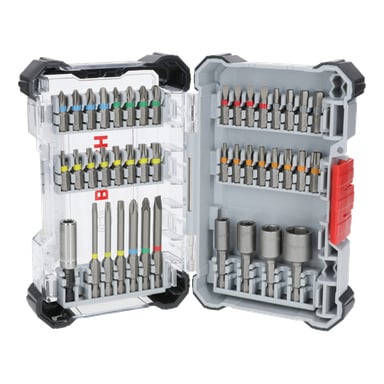 En Bosch-bit med 43 delar satt i ett plastfodral, organiserad med metallbitar, hylsor och adaptrar, vissa märkta med färgade band.