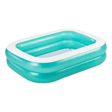 Bestway Pool Rectangular Family Pool är en turkos-färgad uppblåsbar pool med två vita kanter, tom och idealisk för familjenöjen.