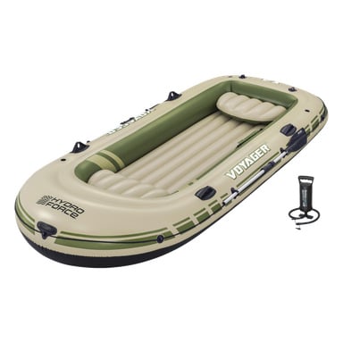 Bestway Hydro-Force Voyager X4 ist ein beige-grünes aufblasbares Floß mit geripptem Boden, abnehmbarem Sitz, Luftpumpe und "Voyager"-Etikett.