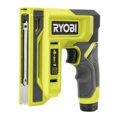 Sidebilde av en svart og knallgul Ryobi RST4-0 USB Lithium-stiftepistol som viser logoen og et teksturert grephåndtak.