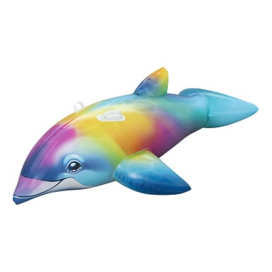 Oppblåsbar bassengflyter formet som delfin med blå, lilla, gul og grønn gradientdesign og to hvite håndtak.