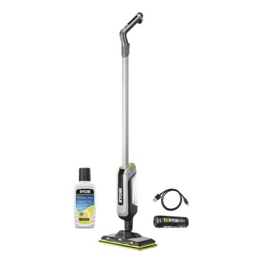 Ryobi USB Lithium Battery spray -mop RSM4-120G, jossa on pitkä kahva, liuospullo, ladattava akku ja USB-kaapeli.