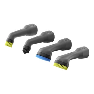 Ryobi USB Lithium Brush set RDS4A1 innehåller fyra handhållna verktyg, var och en med en unik borste eller pad-tillbehör, som visas i en rad.