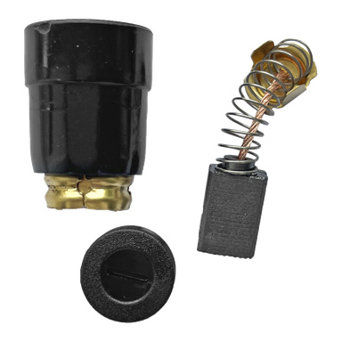 Tre komponenter i kolborsten: en svart cylindrisk lock, en spiralad metallfjäder med en rektangulär borste och en liten slitsad skiva.