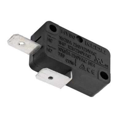En svart rektangulär bandsågsmikroswitch med två silverfärgade metalltaggar och tekniska detaljer tryckta på ytan.