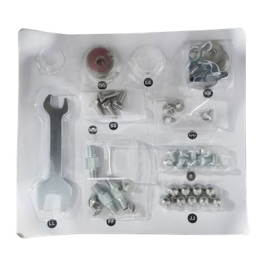 Installationssatsen visar en plastbricka med märkta fack som håller en skiftnyckel, skruvar, bultar, vingmuttrar och brickor.