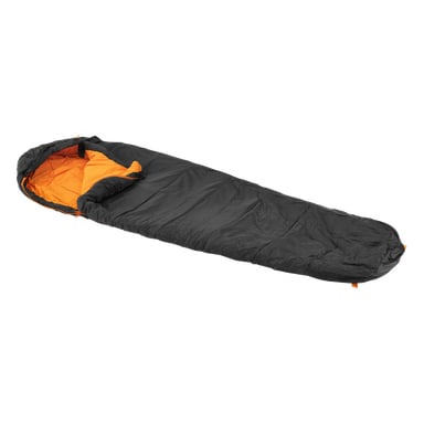Der Kayoba-Schlafsack in Schwarz und Orange ist mit offenem Kapuzendeckel ausgebreitet.