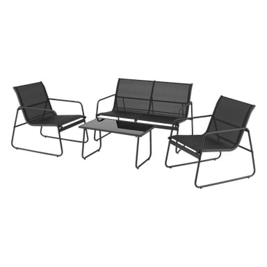 EKVIP sitt firedelte møbelsett består av to svarte metalllenestoler, en matchende toseter og et rektangulært glassbord med glassplate.
