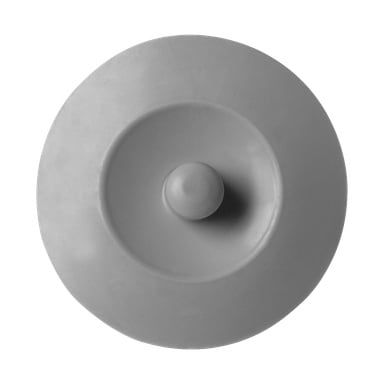 En grå silikon Menuett-diskbänkplugg med rund design och en central knopp, sedd uppifrån. Den visar cirkulära åsar runt mitten och har en slät, matt yta.