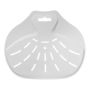 En vit plastskrapa för diskhon formad som en liten sits, designad med både horisontella och vertikala spår, ett centralt runt hål och en öppning upptill som fungerade som handtag.