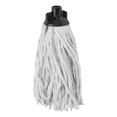 En närbild av Menuett Cotton-moppen visar tjocka vita bomullstrådar fastsatta i en svart plastkontakt.