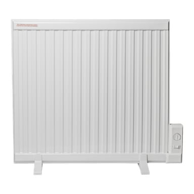 Gnosjo Klimat oljefylte elektriske radiator har et hvitt, rektangulært design med ribbet utside, som står på to korte ben. Kontrollknappen og bryteren er plassert nederst i høyre hjørne.