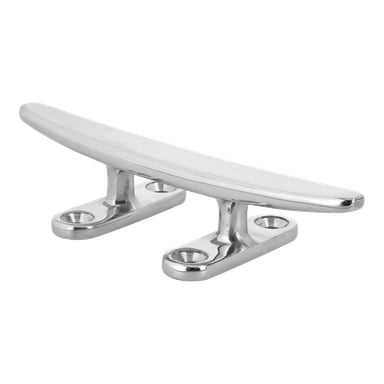 En blank metallbåtkloss med två monteringsbaser och fyra skruvhål, designad för att fästa rep på båtar.