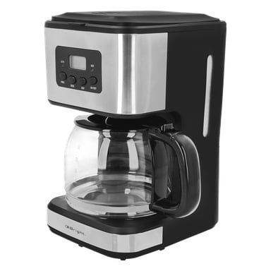 Bright Coffee Maker mit schwarzem und rostfreiem Stahlgehäuse, Glaskaraffe auf Wärmer, digitalem Bildschirm und Tasten auf der Front.
