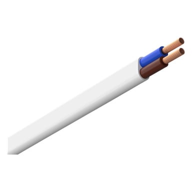 Kabel Amokabel SKX z białą zewnętrzną osłoną częściowo usuniętą, odsłaniając odsłonięte miedziane włókna oraz dwa wewnętrzne przewody izolowane na niebiesko i brązowo.