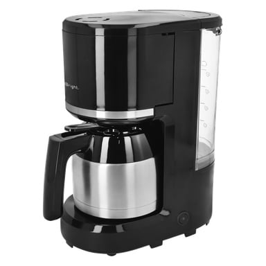Bright Coffee -keittimessä on musta pinta, ruostumattomasta teräksestä valmistettu lämpökankki, sivuinen vedenpinnan mittari ja etuosan ohjauspainikkeet.