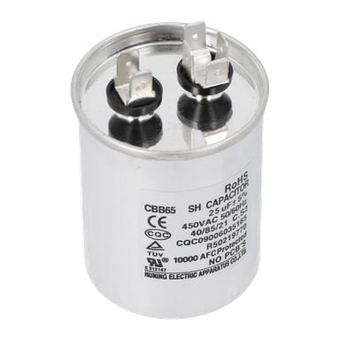Sølv sylindrisk 25uF kondensator med to par toppterminaler; side merket 25μF, 450V AC, CBB65.