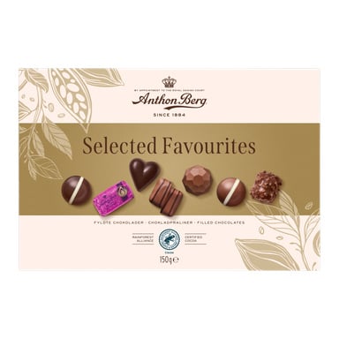 Rasia täytettyjä Anthon Berg Selected Favourites -suklaita, pakkauksessa seitsemän erimuotoista ja -väristä suklaata. Rasiassa on 150 grammaa ja siinä on Rainforest Alliance -sertifioitua kaakaota.